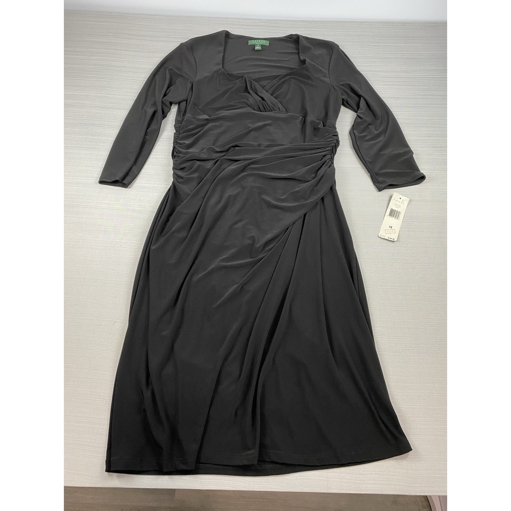 LAUREN RALPH LAUREN Black Side Ruched Jersey Sheath Dress Sz 16 NWT